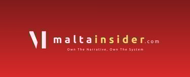 Malta Insider logo and website URL on a red gradient background with the slogan Own The Narrative.