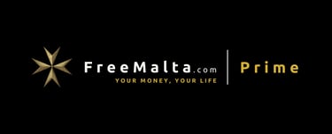 FreeMalta.com Prime logo with a golden Maltese cross and the slogan Your Money, Your Life on a black background.