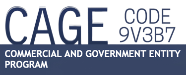 Official CAGE Code 9V3B7 for the Commercial and Government Entity Program displayed in blue text.