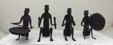 "Handcrafted wrought iron tribal musician figurine set – drummer, percussionist, flutist, and gong player-Shipped worldwide"