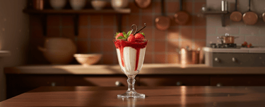 Panna Cotta im Glas mit Erdbeersoße und Minzblättern – moderne Servieridee mit natürlichem Licht.