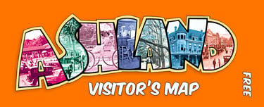 Vintage Ashland visitor's map logo featuring historical photos inside the city name letters.