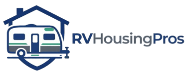 Logo for RV Housing Pros featuring a white camper trailer icon inside a blue house outline.