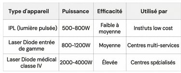 Table comparing IPL and Diode laser hair removal power, efficacy, and usage in clinics.