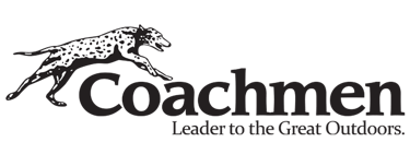 Coachmen RV logo featuring a spotted Dalmatian dog leaping over the brand name on a black background.