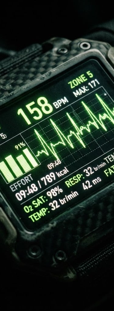 Extreme close-up of a high-tech biometric telemetry screen displaying green glowing heart rate metrics and metabolic data, low-key dramatic lighting, carbon black background