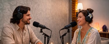 a man and woman sitting at a table with candles