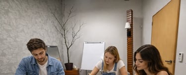 a man and woman sitting at a table with notebooks