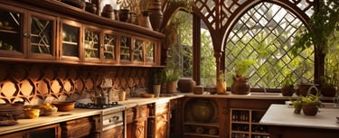 a kitchen with a brick wall and a brick wall