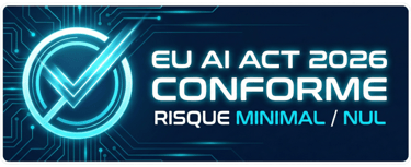 Badge certification EU AI Act 2026 : Conforme Risque Minimal. Design tech bleu marine et cyan.