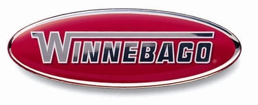 Official red oval Winnebago RV logo emblem with silver and black lettering for motorhomes.