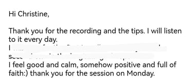 Client testimonial describing feeling peaceful, calm and full of faith in herself after RTT session