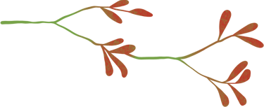 artistic, horizontal green branch with red leaf nodes