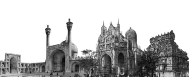 Multiple religious architectures, gothic church, mosque, and temple in art in religion: architecture