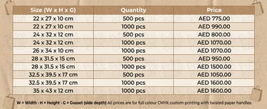 kraft paper bag printing sizes, quantity, and its prices. delivery free across UAE