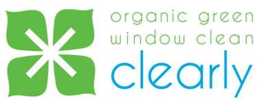 Clearly logo, green plant leaf in the shape of a clover with green and blue text colors