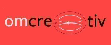 omcre8tiv logo - black and white text on a red background