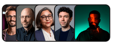 Professional headshots of a diverse creative team of five people against varied studio backgrounds.