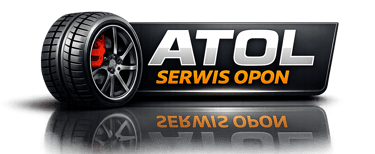 Atol Serwis Opon logo featuring a car wheel with performance tire and red brake caliper on a black background.