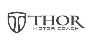 Thor Motor Coach luxury RV brand logo in silver font against a solid black background.