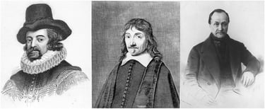 Portraits de Francis Bacon (à gauche), René Descartes (au milieu) et Auguste Comte (à droite)