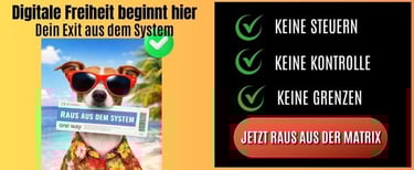 dexit online werbebanner hund mit rotere sonnerbrille am karibik strand mit one way ticket im maul