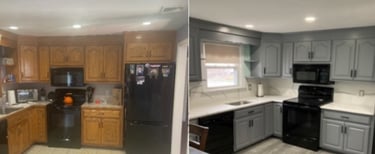 Out dated stained cabinets refinished. Michael Cummings Painting transforms old to new.Local painters in Marsgfield,MA. 