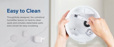 Hand scrubbing base of humidifier with small brush and labeled detachable parts
