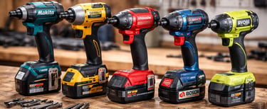 A row of cordless impact drivers from Makita, DeWalt, Milwaukee, Bosch, and Ryobi on a wooden workbench.
