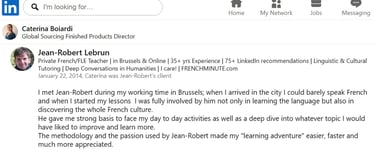 C. Boiardi's testimonial on LinkedIn | J.-R. Lebrun, French Teacher - BXL av. Couronne - bus line 95
