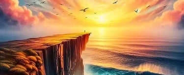 Promontoir rocheux s'avacçant dans la mer et coucher de soleil avec oiseaux dans le ciel orange