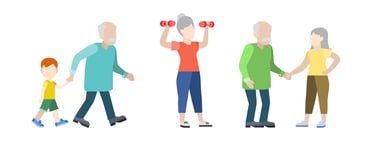 Flat vector illustration of active seniors walking, lifting dumbbells, and socializing for healthy aging.