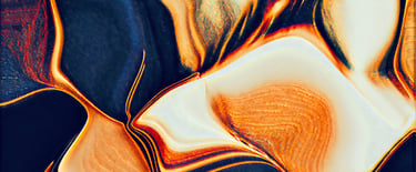 Modern flowing digital art with swirls of rich navy blue, gold, amber and ivory fluids by Fermionne.