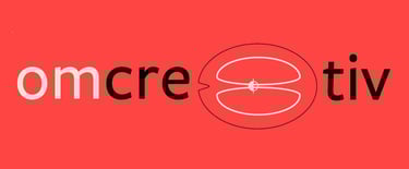 omcre8tiv logo - black and white text on a red background 