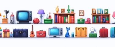 a set of different types of objects in a row of shelves