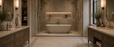 Luxury master bathroom with a freestanding tub, walk-in double shower, and dual vanities.