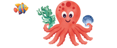 Octavio octopus is happy. A fish is nearby, he holds seaweed in one hand and a seashell in the other