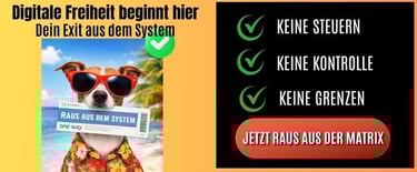 dexit online werbebanner hund mit rotere sonnerbrille am karibik strand mit one way ticket im maul