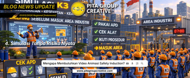 Safety induction 3D animation video showing workers in personal protective equipment at an industrial site.