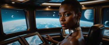 a woman in a spaceship - like vehicle driving through a space station