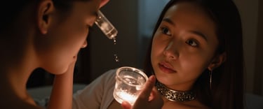 a woman is looking at a glass of water