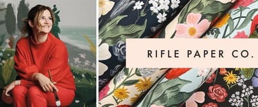 Artist Anna Bond with colorful Rifle Paper Co floral wallpaper designs and botanical patterns.