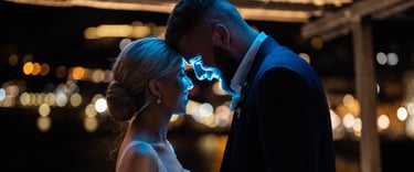 a bride and groom standing in heads together at the reception of their wedding