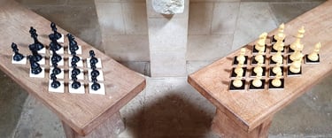 Thirty-two lozenge tiles, half black, half white, holding chess pieces
