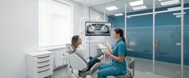 Una odontóloga explicando una radiografía dental digital a una paciente sentada en el sillón