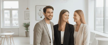 Un grupo de tres personas sonrientes, un hombre y dos mujeres posando en un espacio luminoso