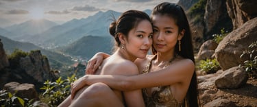 two women sitting on a rock wall with mountains in the background