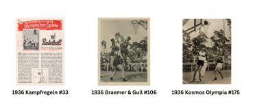 1936 Basketball Cards Kaiser's Coffee #33, Braemer & Gull #106, Kosmos Olympia #175