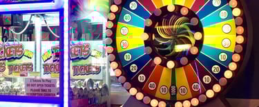 arcade game with wheel and bright lights