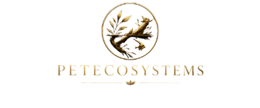 Pet Ecosystems gold logo on black background.